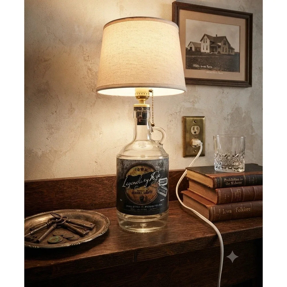 Iowa Legendary Rye Whiskey Bottle Lamp Rustic Table Decor 17in Tall White